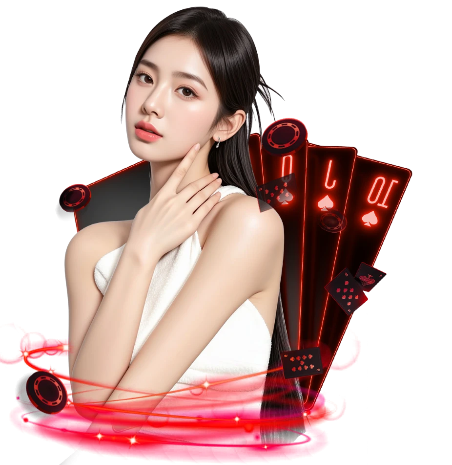 ภาพโปรโมท DARA168 คาสิโนออนไลน์ธีมสีแดง พร้อมหญิงสาวและไพ่ 10 J Q สื่อถึงบาคาร่า สล็อต และคาสิโนสดครบวงจร เว็บตรงเล่นง่ายจ่ายเร็ว